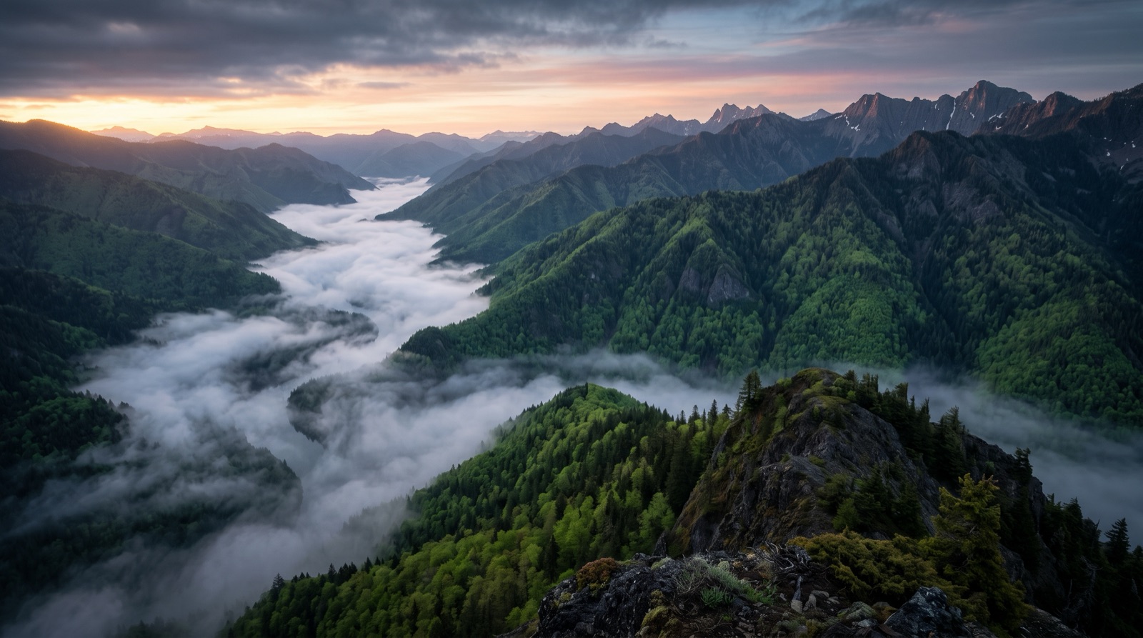 A fog-filled river valley from a ridge