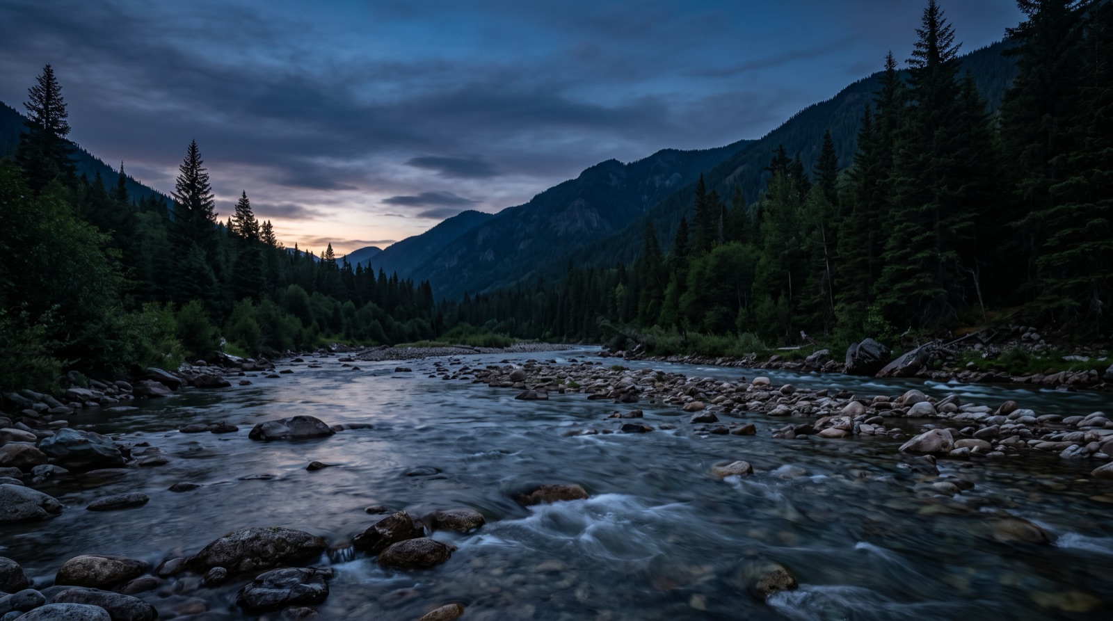 A wide freestone river at water level