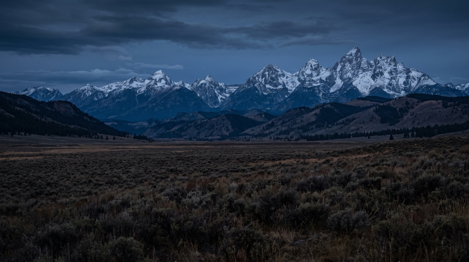 A sagebrush plain below distant snow peaks
